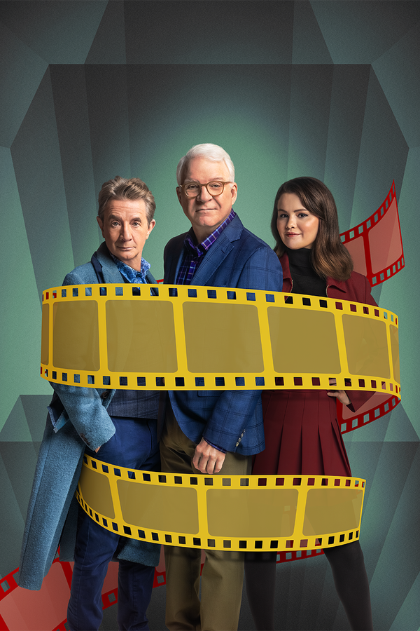 Three characters stand together against a geometric backdrop, wrapped in a film strip. They are dressed casually and smiling.