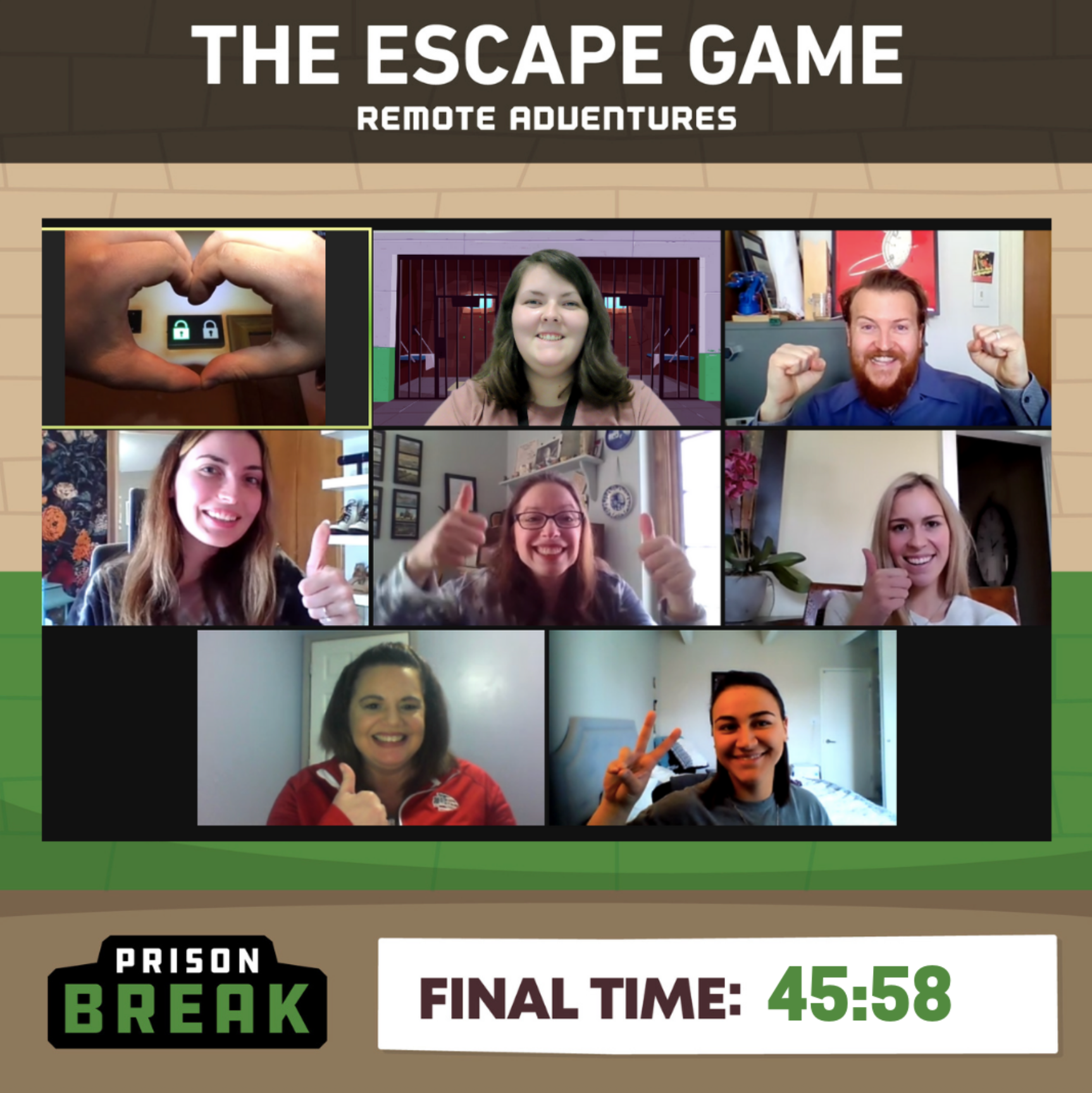 A grid of smiling participants in a remote escape game, showcasing thumbs up and peace signs. Final time displayed: 45:58.