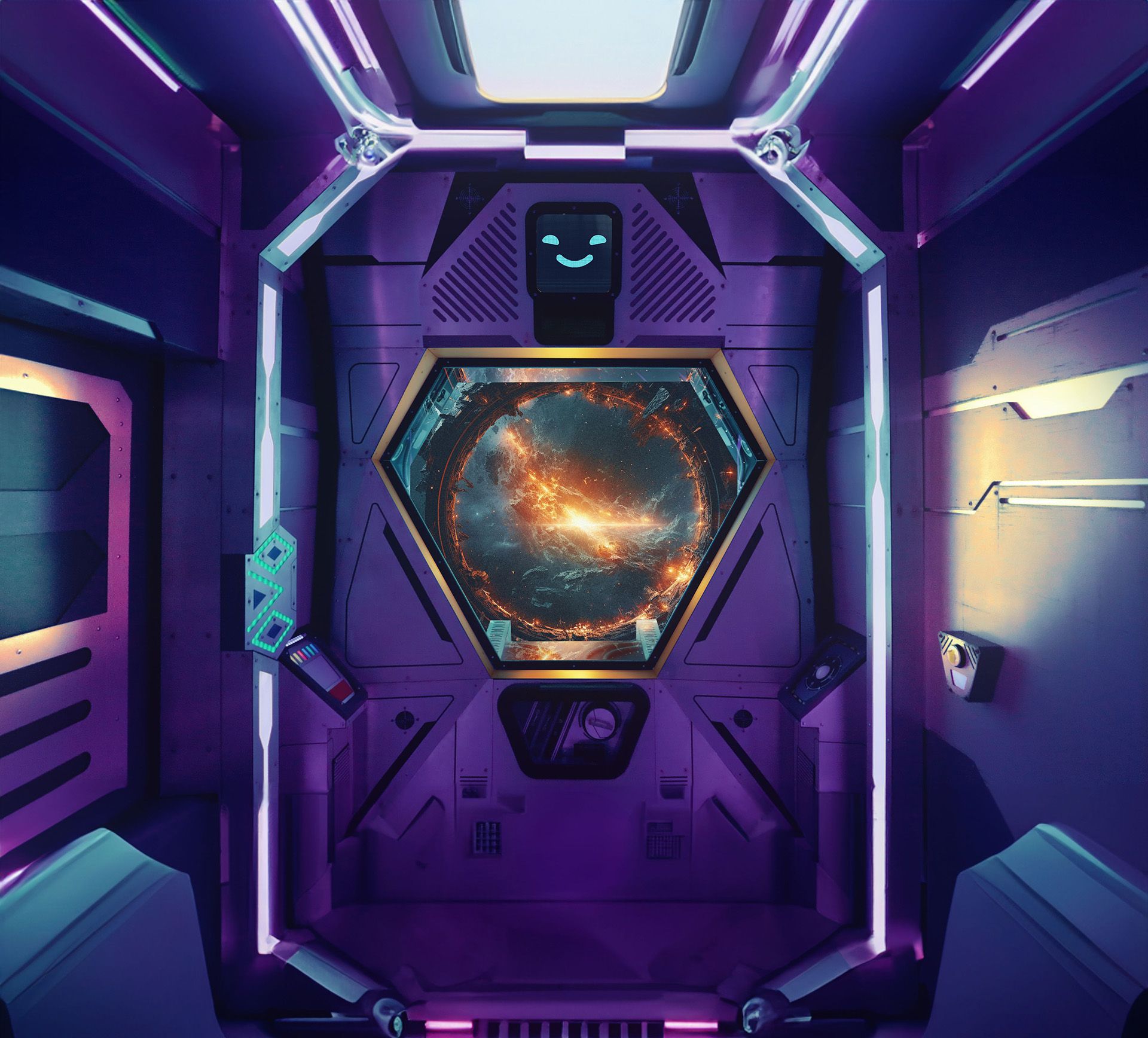 Futuristic spaceship interior featuring a hexagonal window revealing a colorful galaxy, with neon accents and equipment.