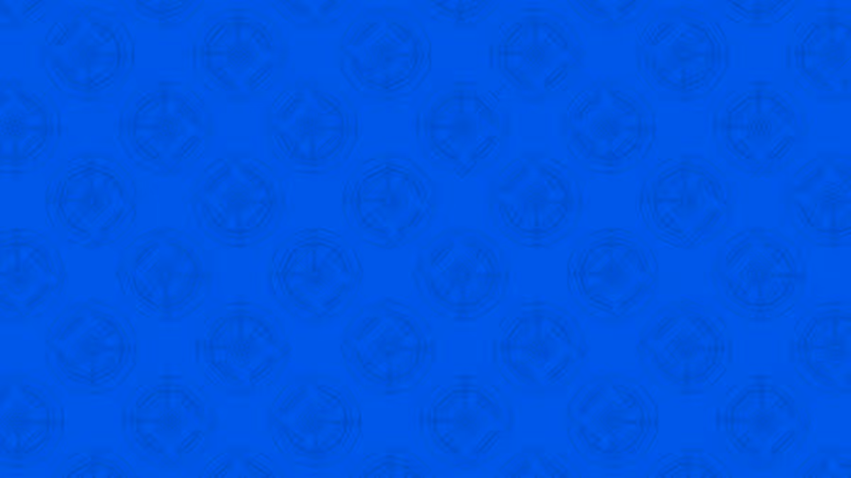 Blue background featuring a repeated pattern of circular designs with intricate symbols inside.