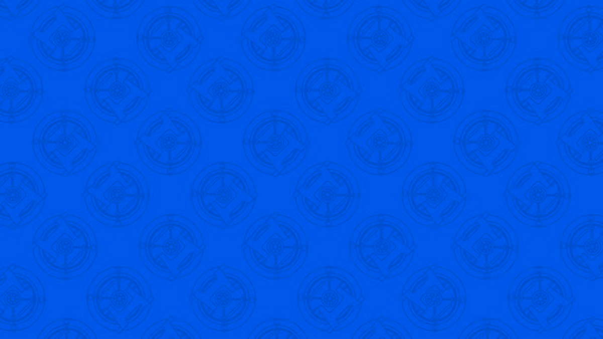 Blue background featuring a repeated pattern of circular designs with intricate symbols inside.