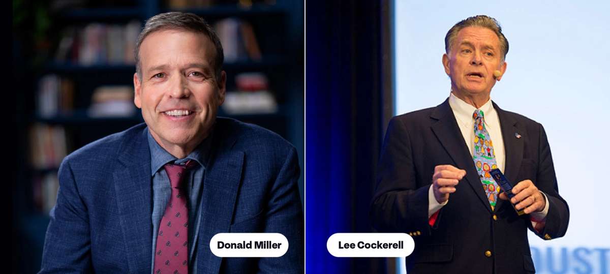 Two men are depicted side by side. On the left, a smiling man in a suit (Donald Miller) poses against a blurred background. On the right, a man in a blazer (Lee Cockerell) gestures while speaking at a podium, with a light background.