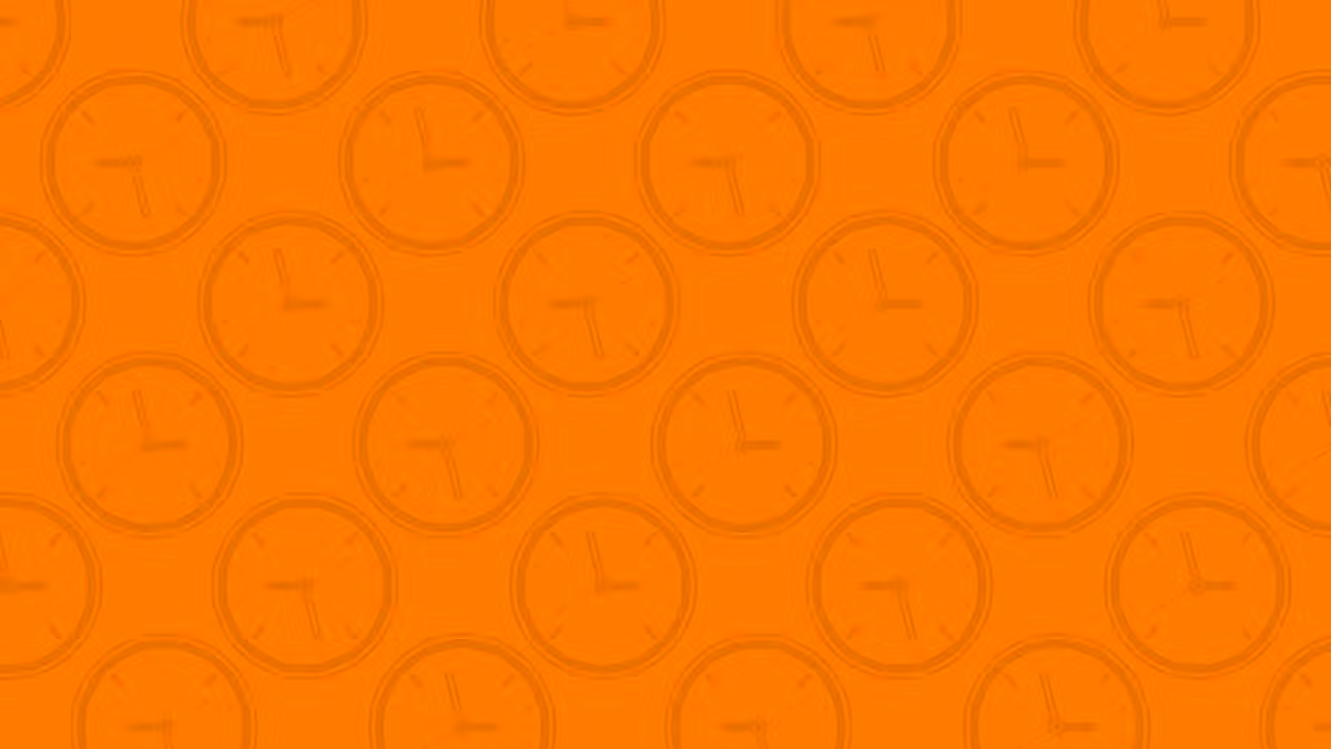 Pattern of orange clocks on a solid orange background, showcasing multiple clock faces with simple hour and minute hands.