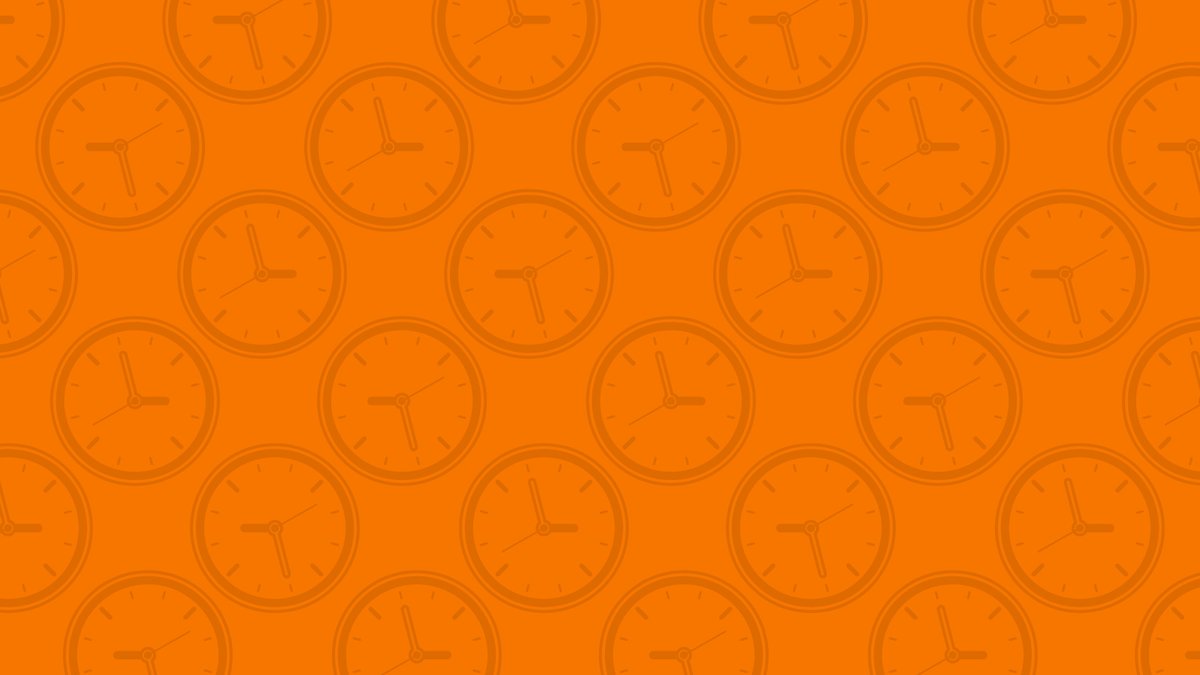 Pattern of orange clocks on a solid orange background, showcasing multiple clock faces with simple hour and minute hands.