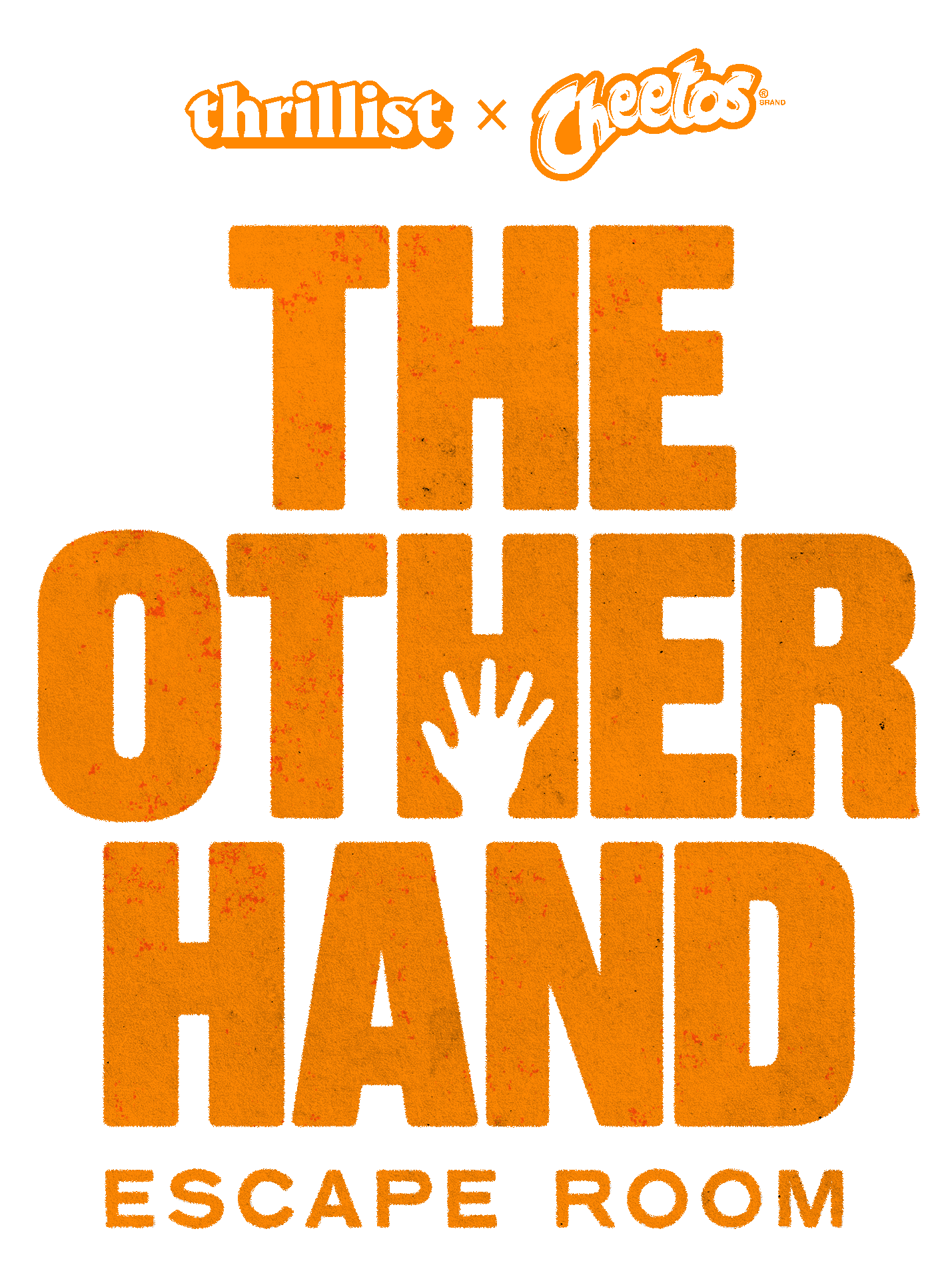 Logo for "The Other Hand" Escape Room, featuring bold orange text and a hand graphic, with logos for Thrillist and Cheetos.