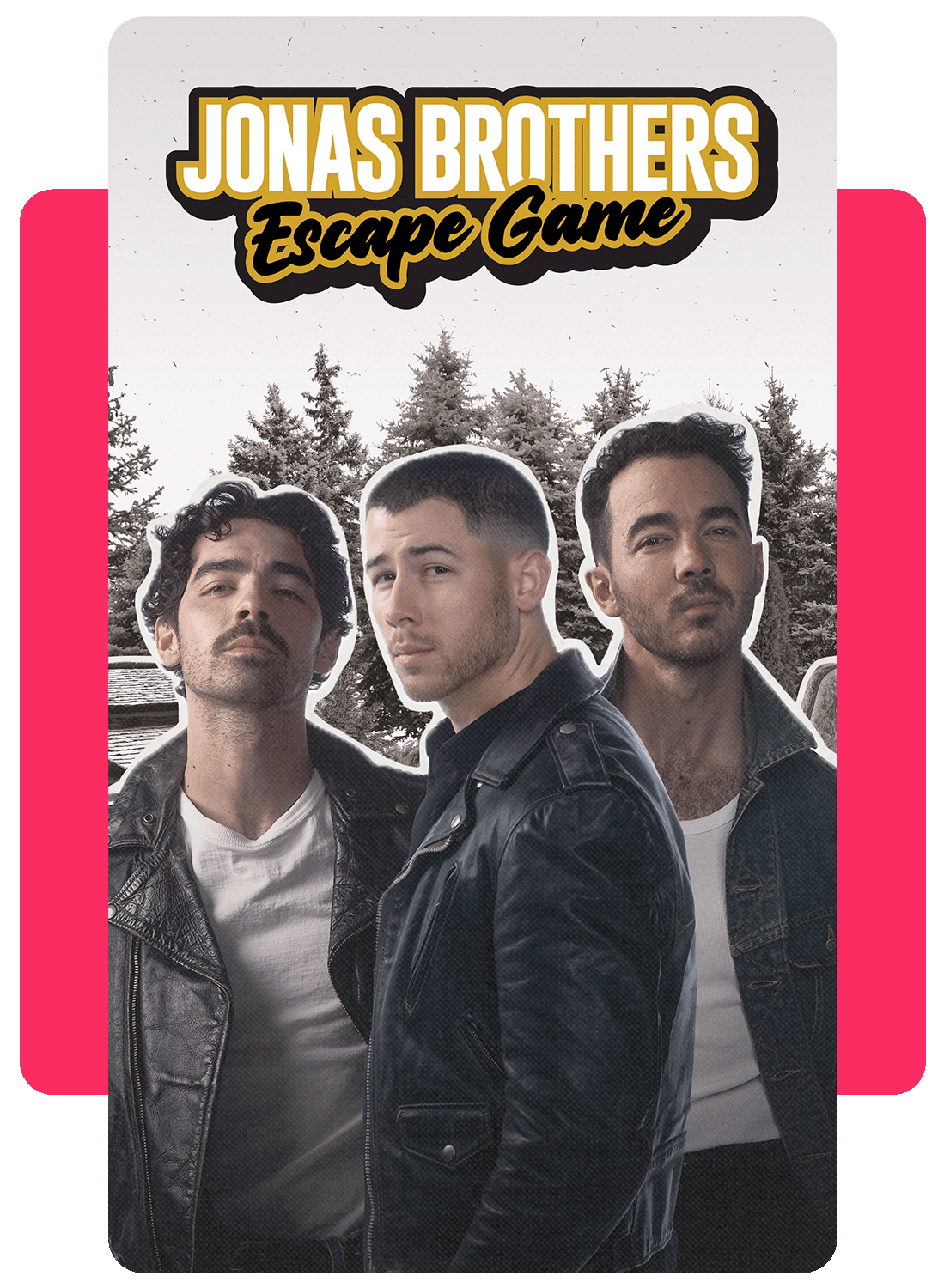 Three men pose in leather jackets for a promotional image of the "Jonas Brothers Escape Game," with trees in the background.