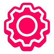 Pink gear icon with a white outline and a circular center.