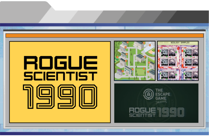 A colorful graphic featuring "Rogue Scientist 1990" in bold text, an illustration of a campus map, and biology sample cards.