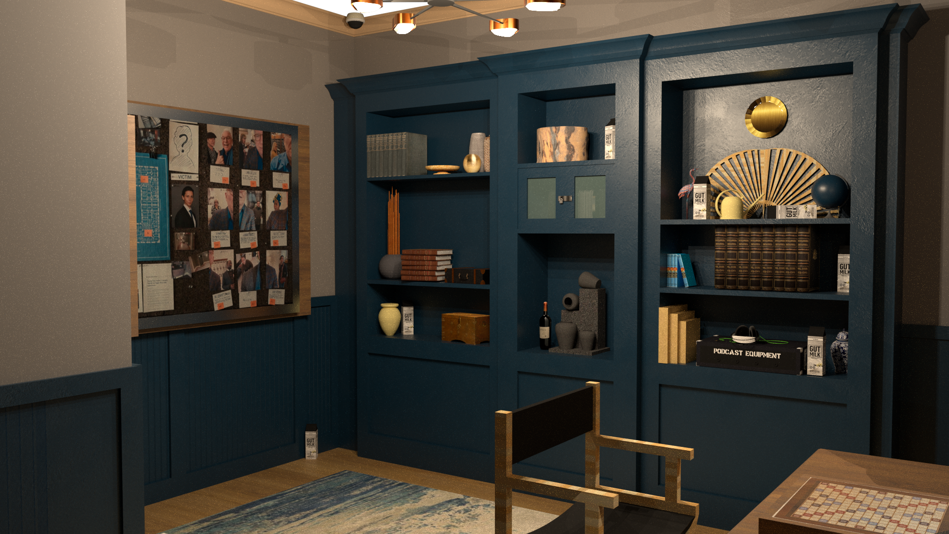 Cozy room featuring a dark blue bookshelf with decorative items, a bulletin board, and a small table with a chair.