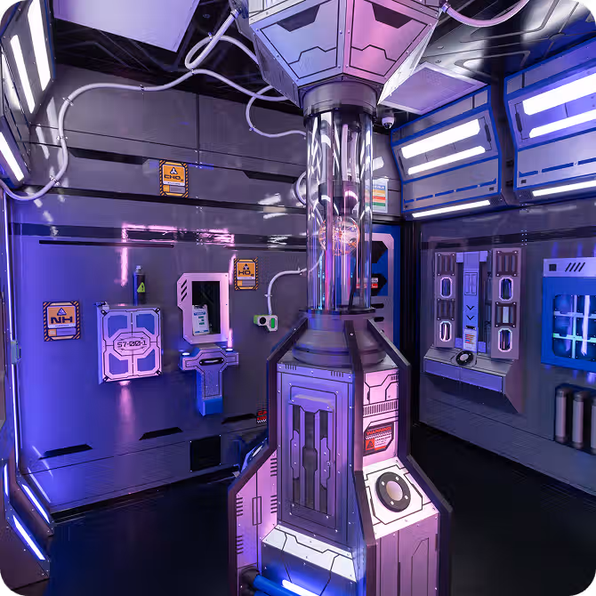 Futuristic interior with a tall, glowing cylindrical structure, purple and blue lighting, and various control panels on walls.