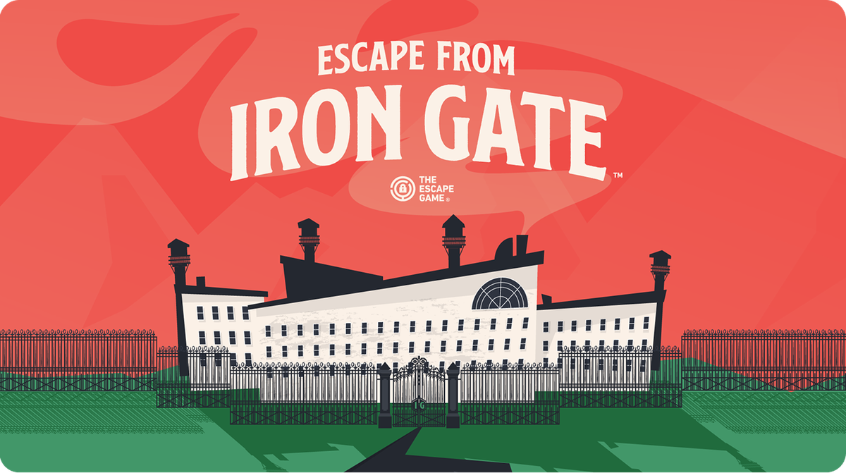 Illustration of a large building behind a fence with the text "Escape from Iron Gate" prominently displayed above.